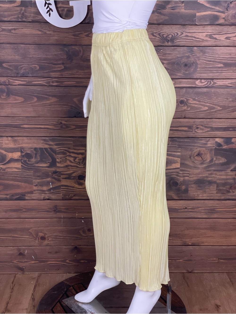 SHEIN | Shiny Satin Pleated Midi Skirt Soft Lemon Yellow Wavy Hem